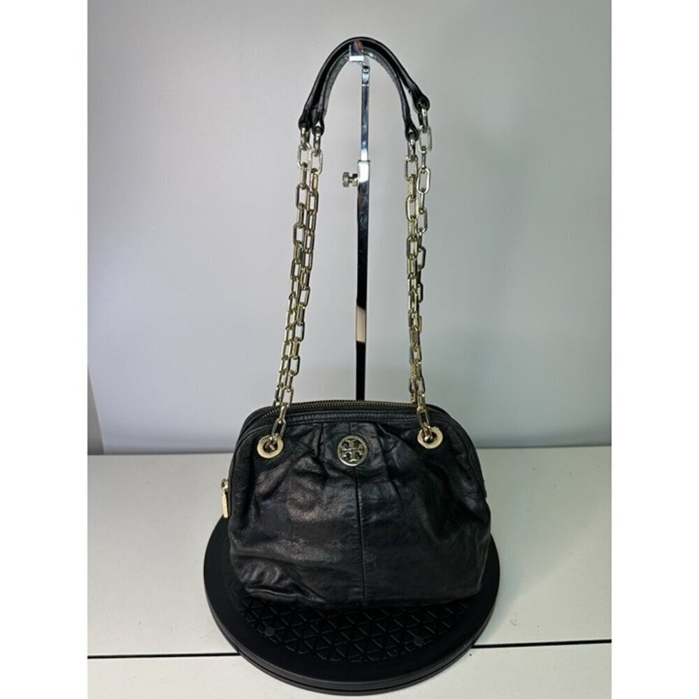Tory Burch Dena Mini Black Crinkle Leather Crossbody Chain Bag